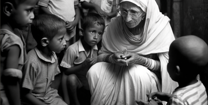 Mother Theresa Attending to Children in Calcutta
